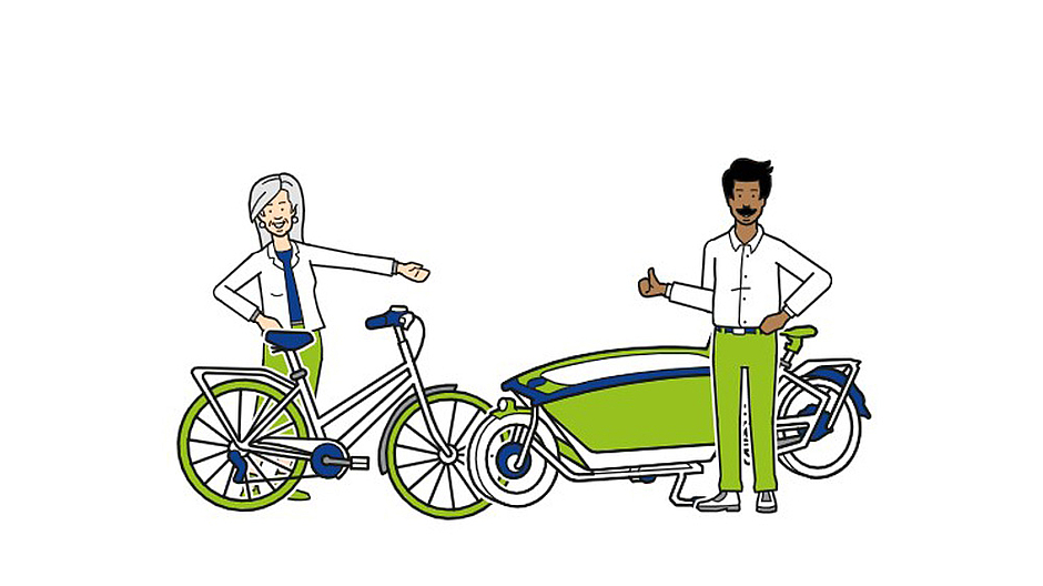 Eine Frau mit Fahrrad und ein Mann mit Lastenrad