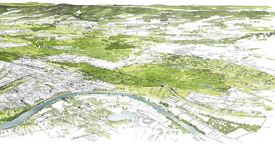 Zeichnung Landschaft, Main, Frankfurt, Titel Broschüre © Umweltamt Frankfurt am Main